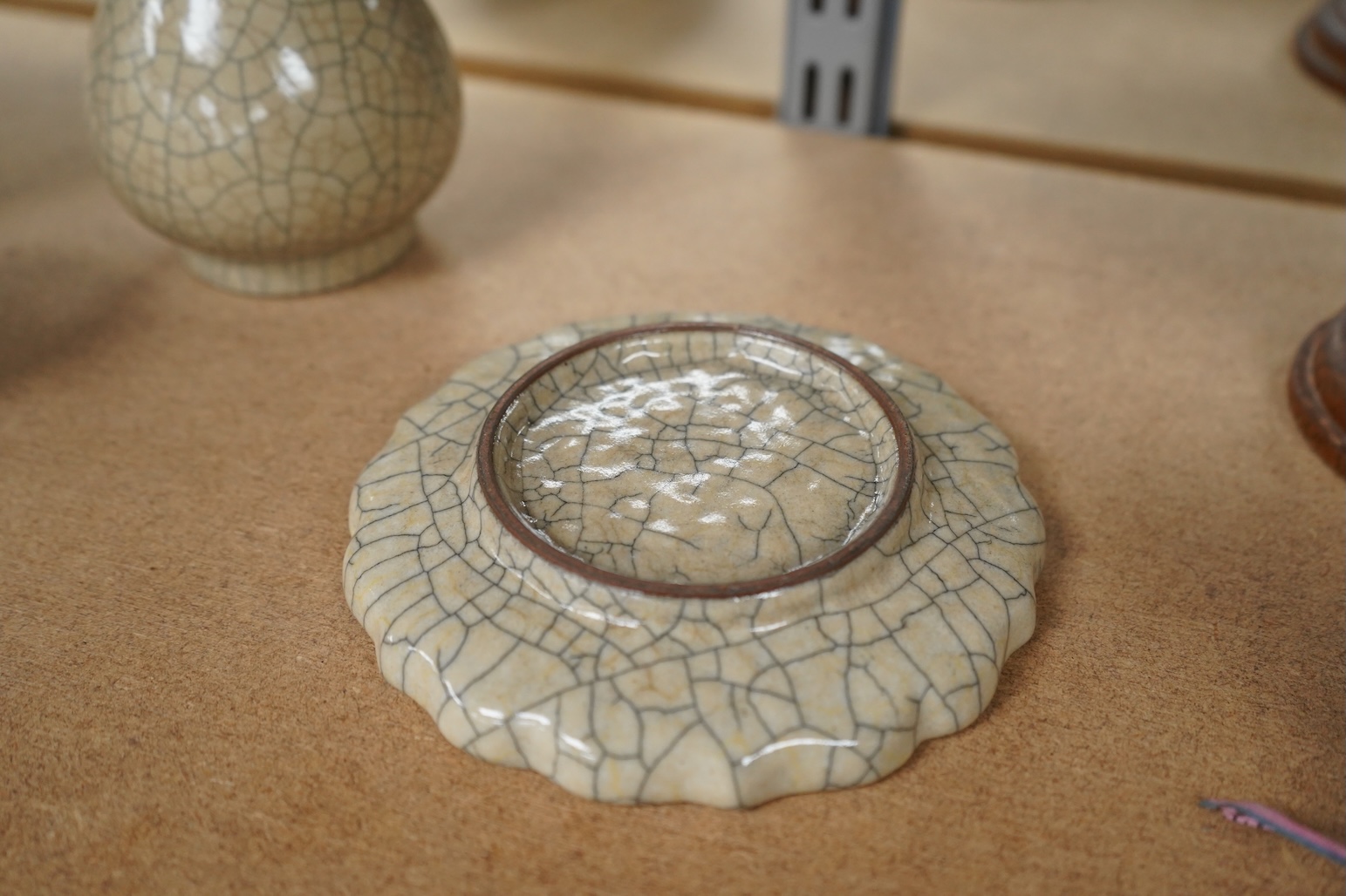 A Chinese crackle glaze bottl vase and similar stand, vase 15cm